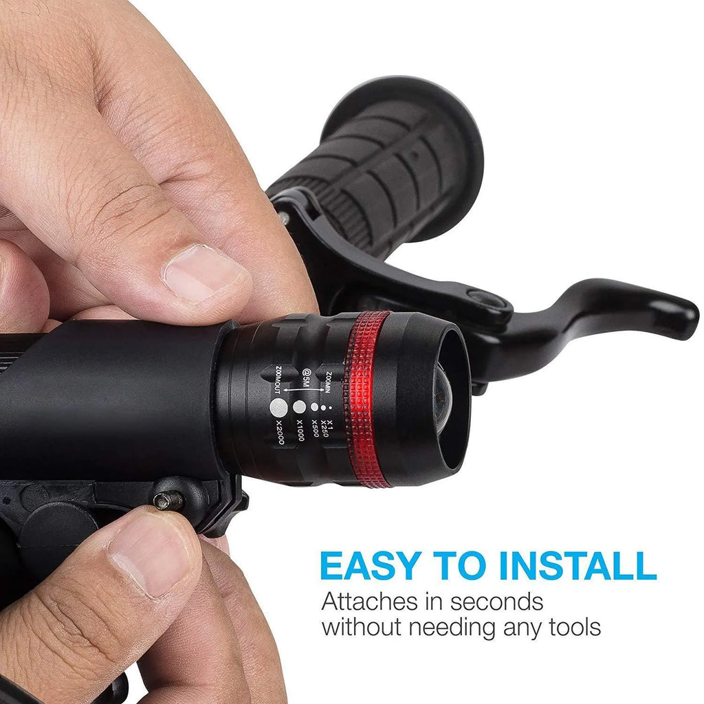 Bicycle headlight and red taillight set with mounting brackets on a bike.