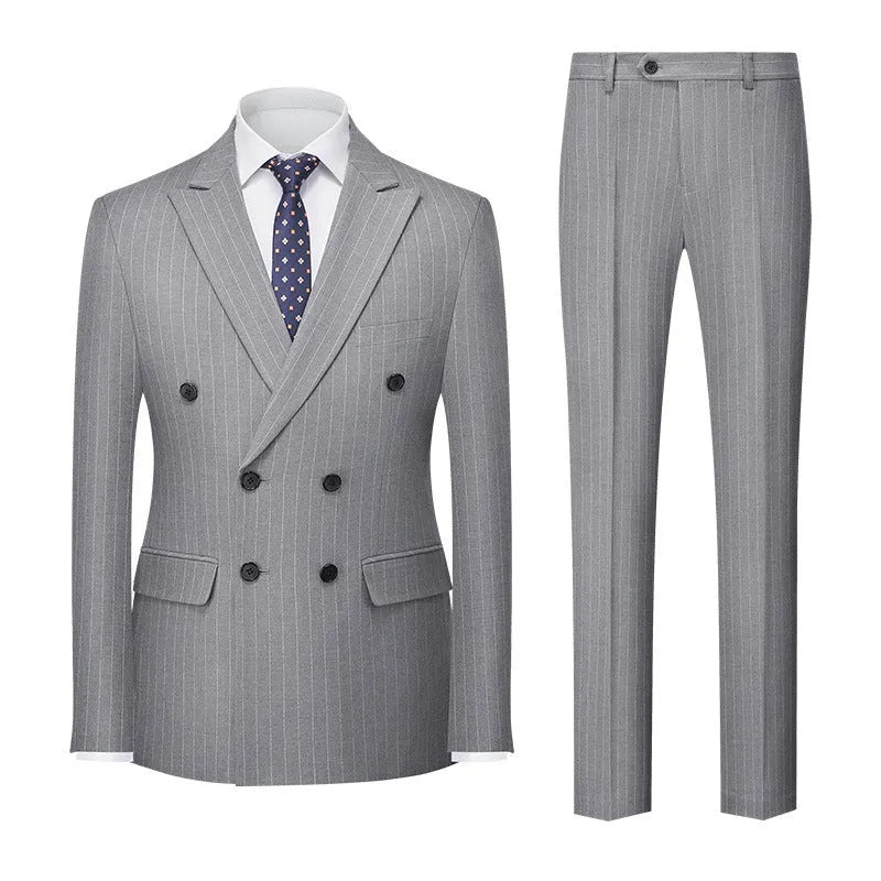 Men's slim fit striped double-breasted suit jacket and trousers on a hanger.