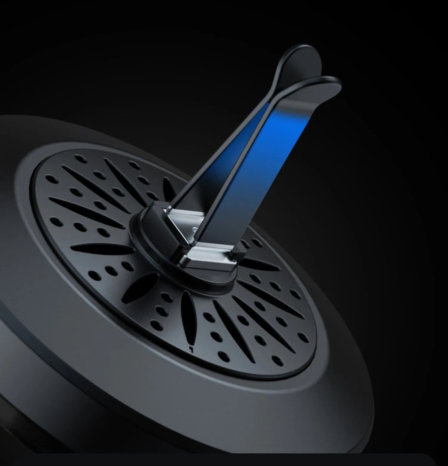 Car air vent mounted RGB atmosphere light with voice control and aromatherapy pod.