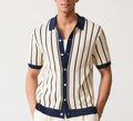 Men's white asymmetric striped knitted short sleeve top with a lapel collar