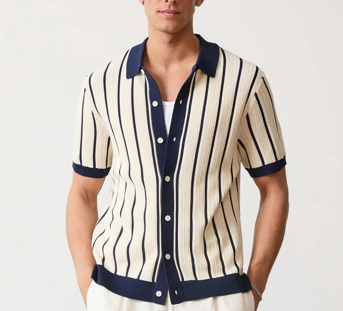 Men's white asymmetric striped knitted short sleeve top with a lapel collar