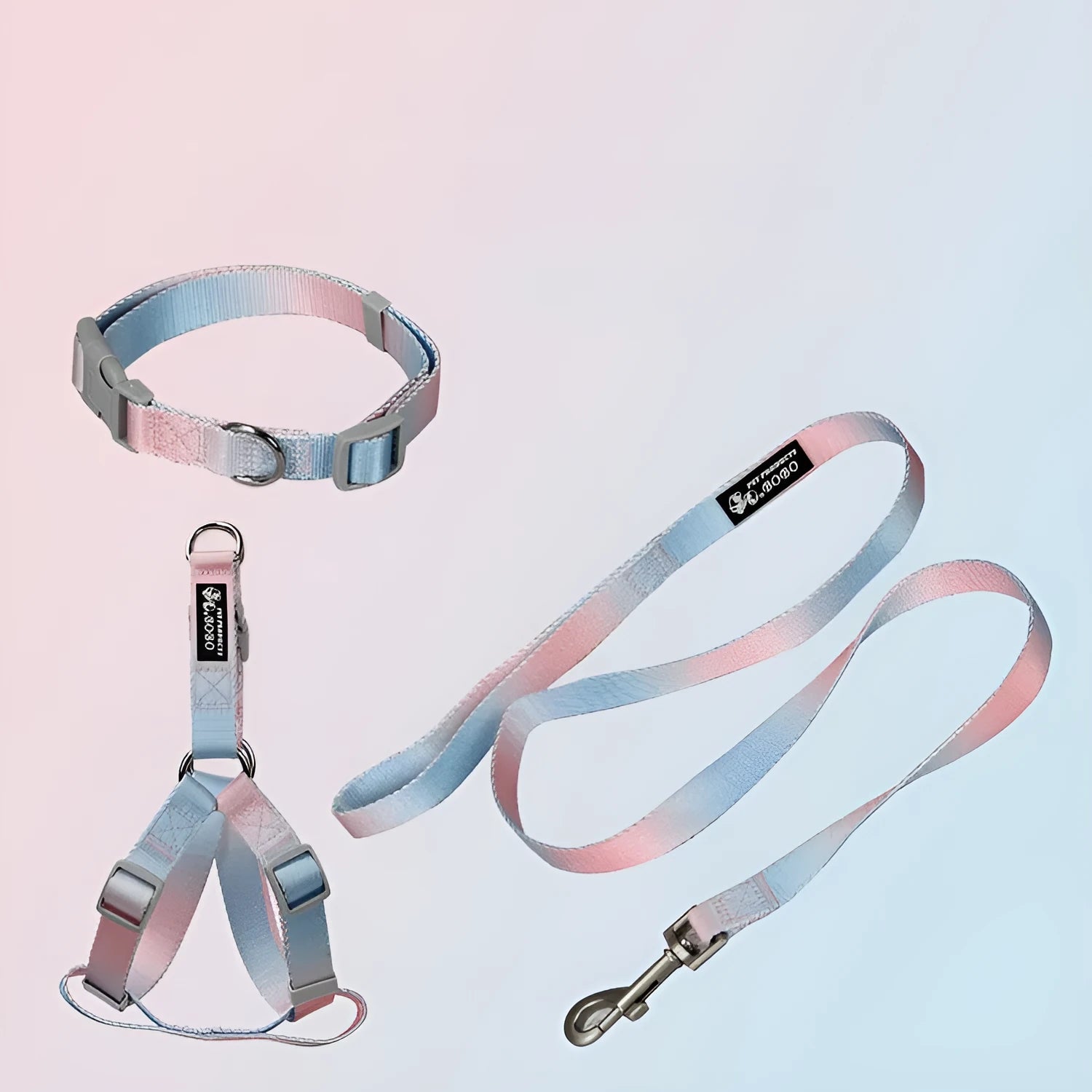 Gradient colour nylon dog leash set with collar and harness options for small medium dogs.