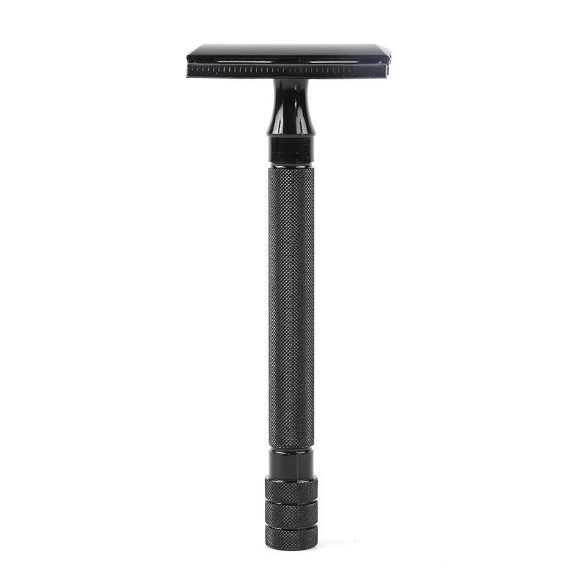 Traditional manual shaving razor and brush set in black or silver finish for beard grooming
