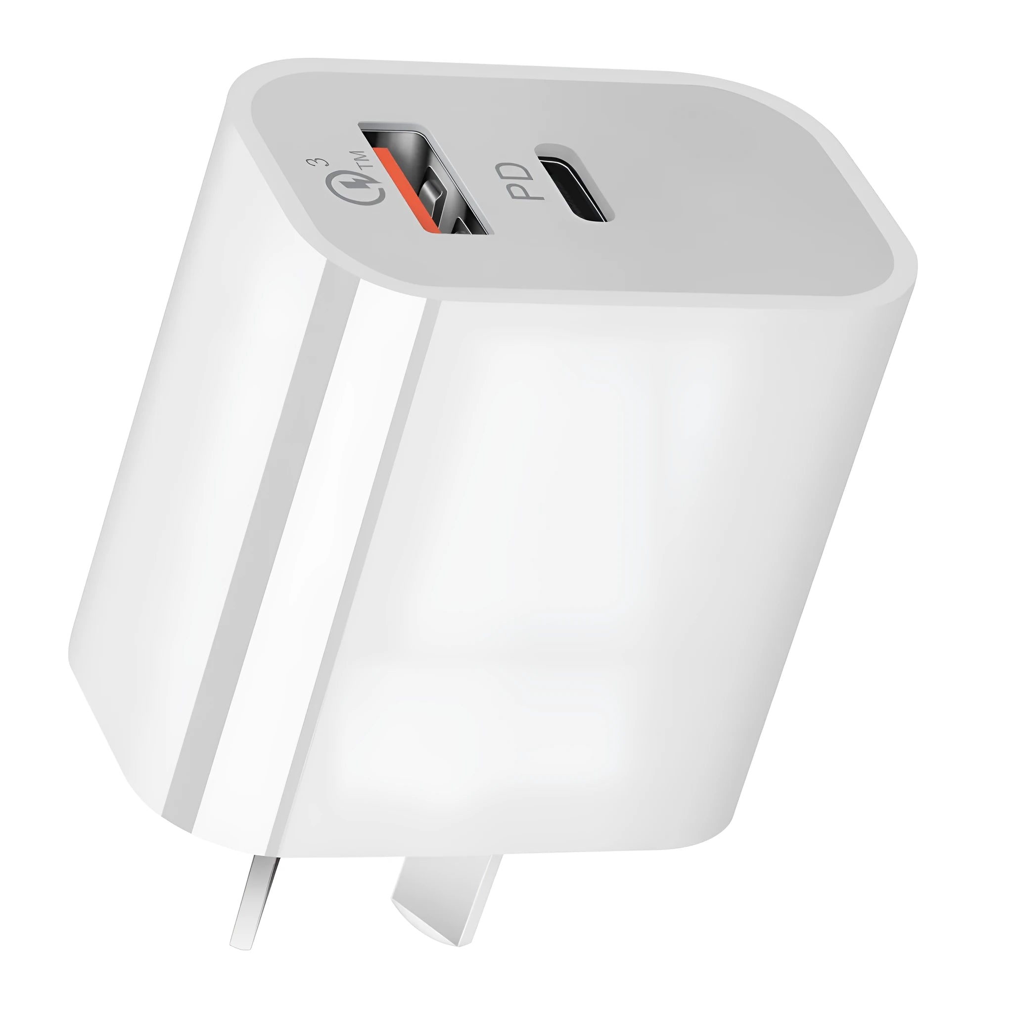 White Australian Standard dual-port USB charger with SAA certification label