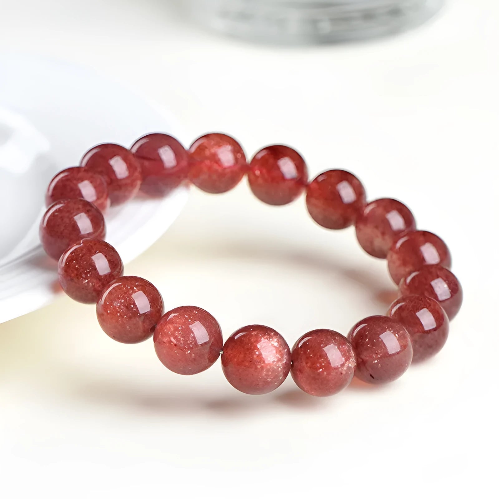 Natural starlight cherry red strawberry quartz bracelet with geometry-shaped beads in three size options