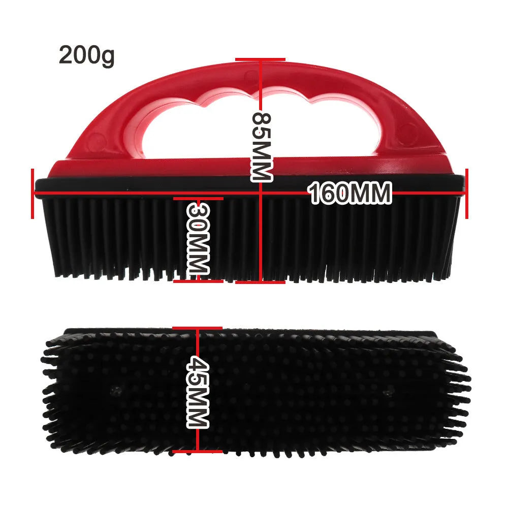 Red pet hair removal brush with silicone bristles for bath grooming and carpet cleaning