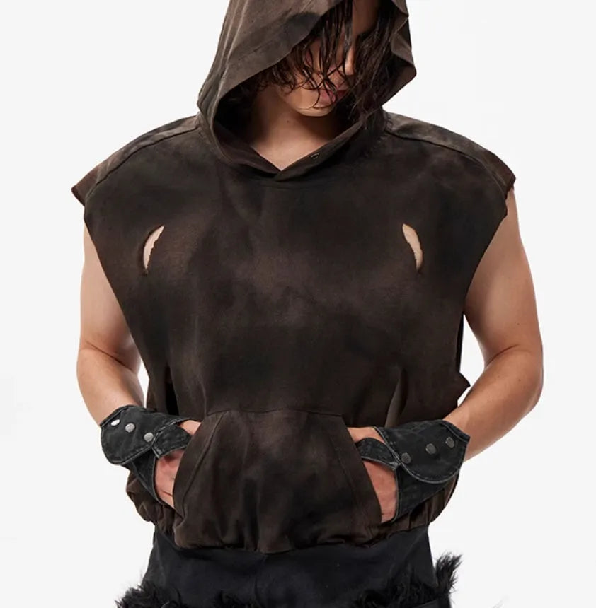 Khaki cotton short-sleeved hood vest for teenagers shown in casual wear