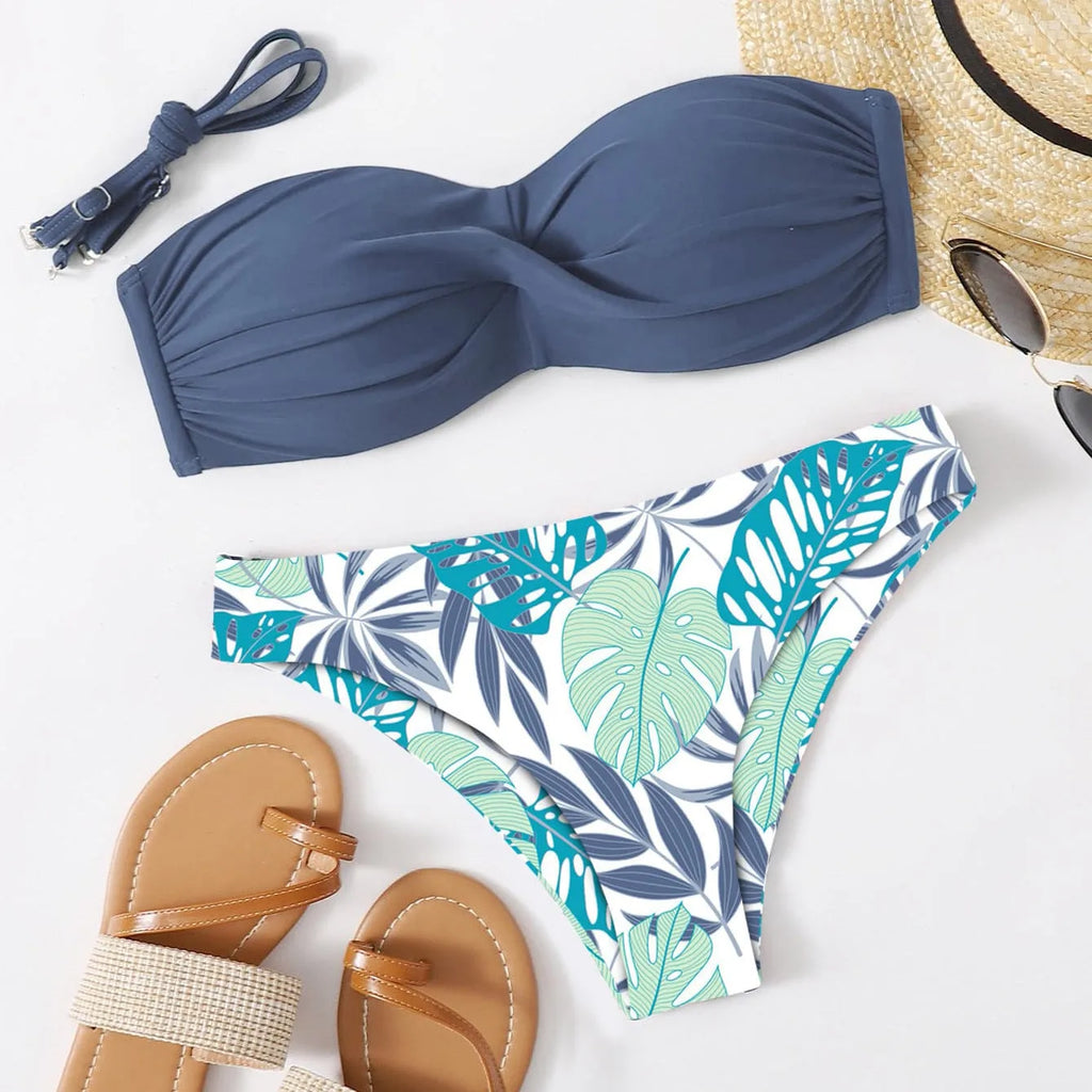 Two-piece bikini swimsuit with hard push up cups in briefs style, shown in available colours.