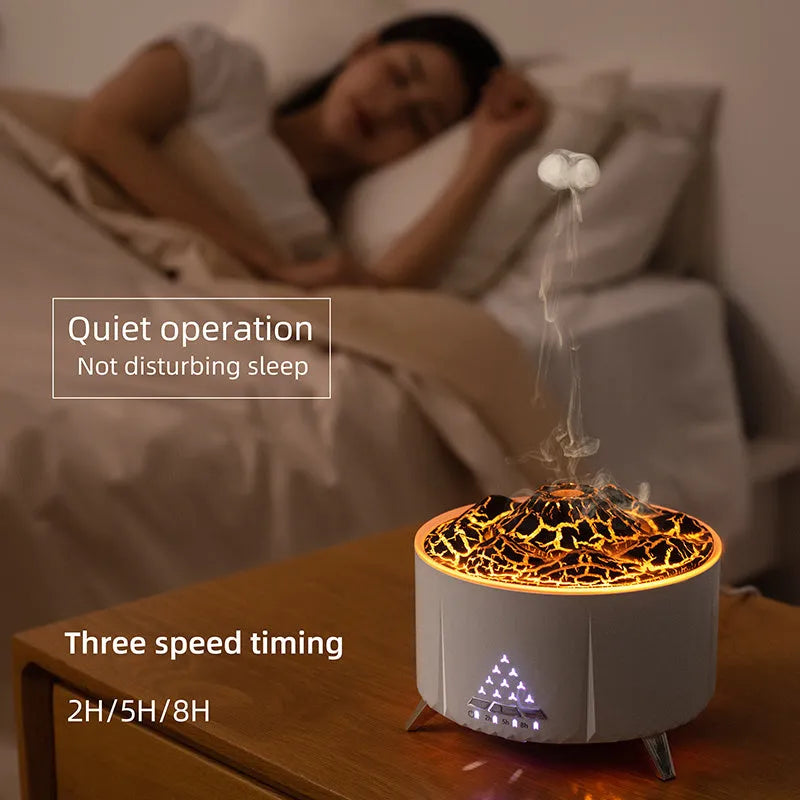 White mini simulated flame ultrasonic aromatherapy humidifier on wooden surface with remote control