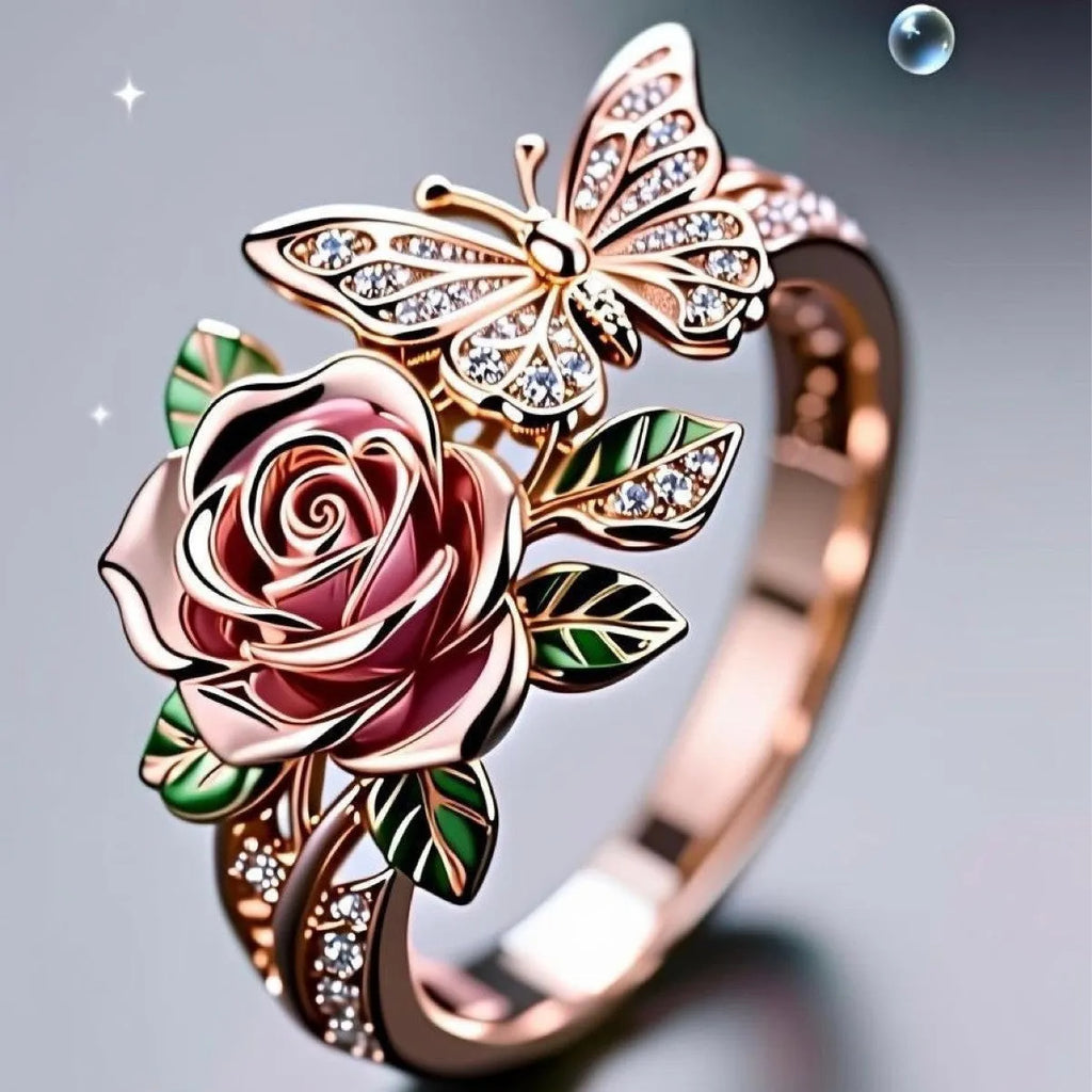 Adjustable butterfly ring necklace with colourful dripping oil finish showing floral and insect detailing