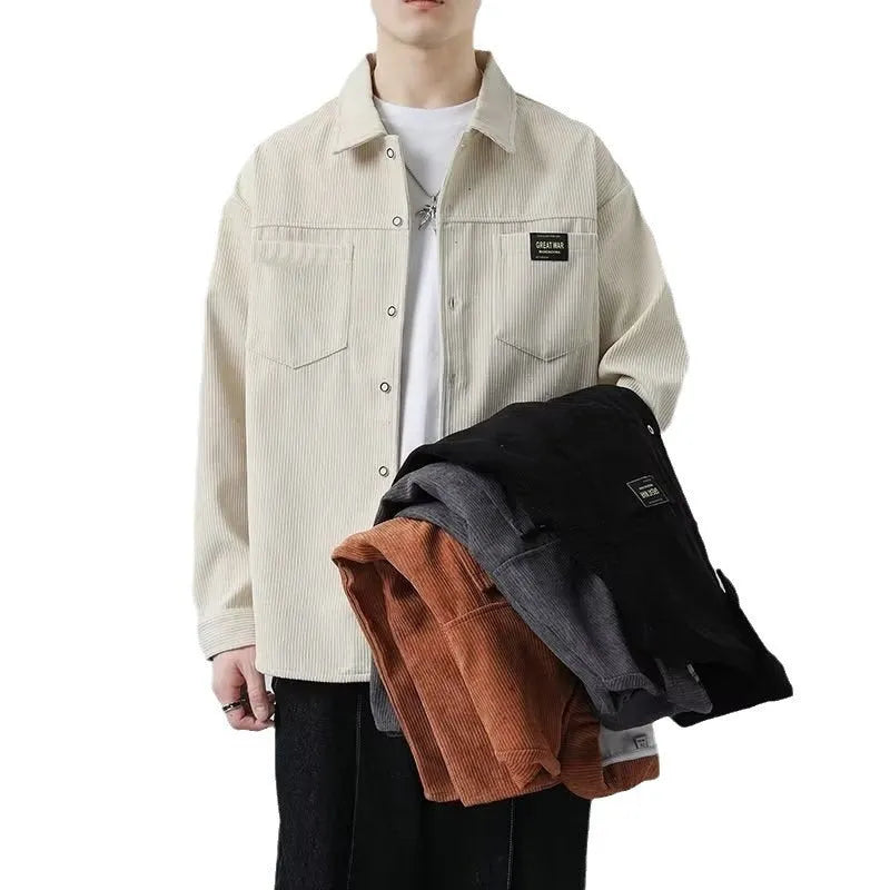Men's casual corduroy jacket in cardigan style with long sleeves showing colour options