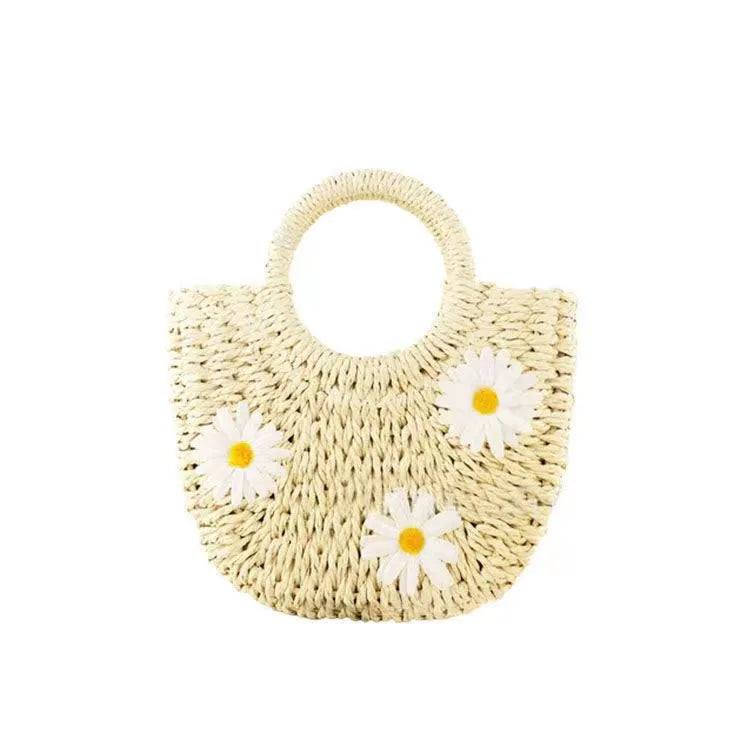Women's light brown woven straw crossbody bag with daisy decoration, 25x20x8cm dimensions