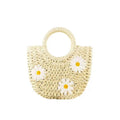 Women's light brown woven straw crossbody bag with daisy decoration, 25x20x8cm dimensions