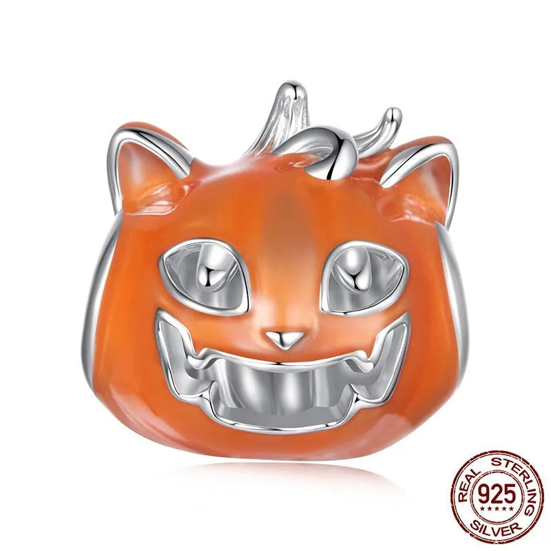 Halloween luminous oil dripping pumpkin cat bead in 925 sterling silver, height 1.2 cm width 1.1 cm