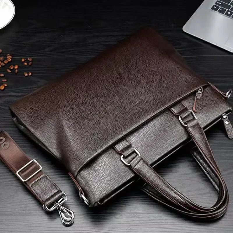 Men's black PU leather messenger bag with crossbody strap showing 35x30x4cm dimensions