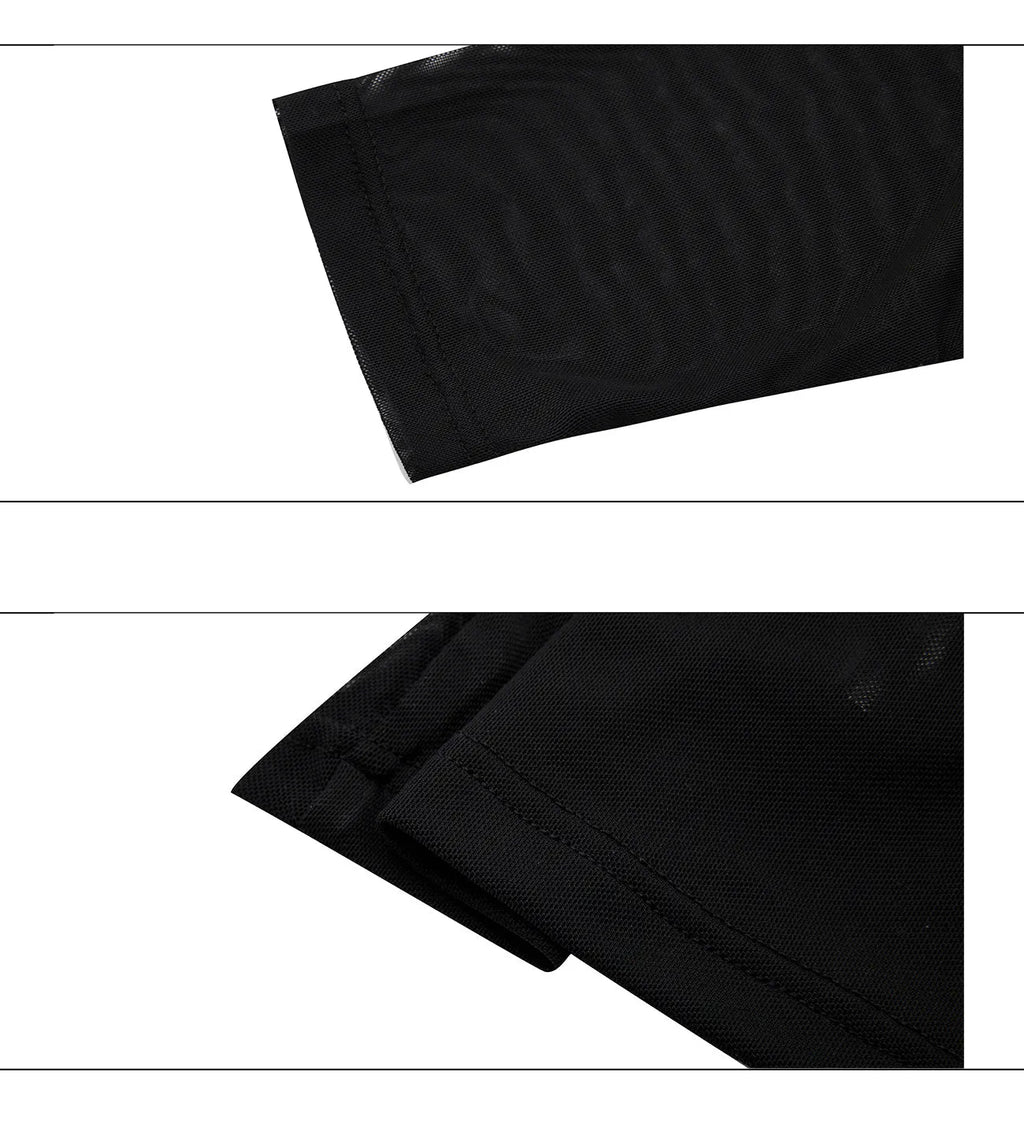 Man modelling a black slim-fit long sleeve mesh bottoming shirt with a textured ice-feel fabric.