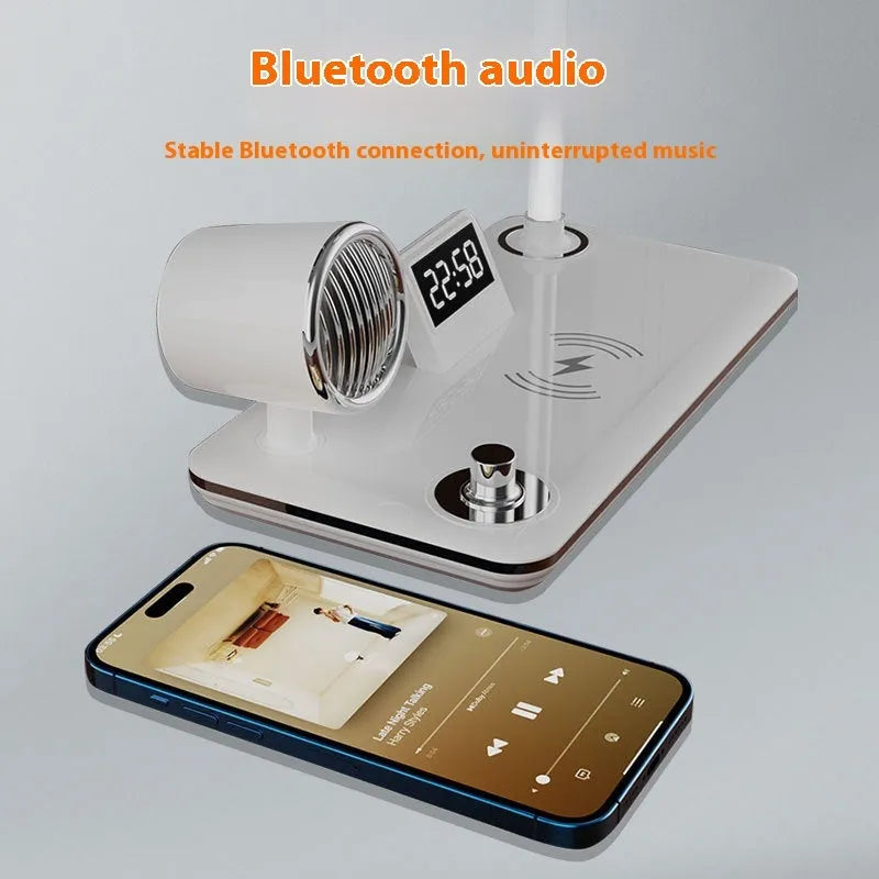 White and black intelligent wireless charging lamp with digital time display on desk
