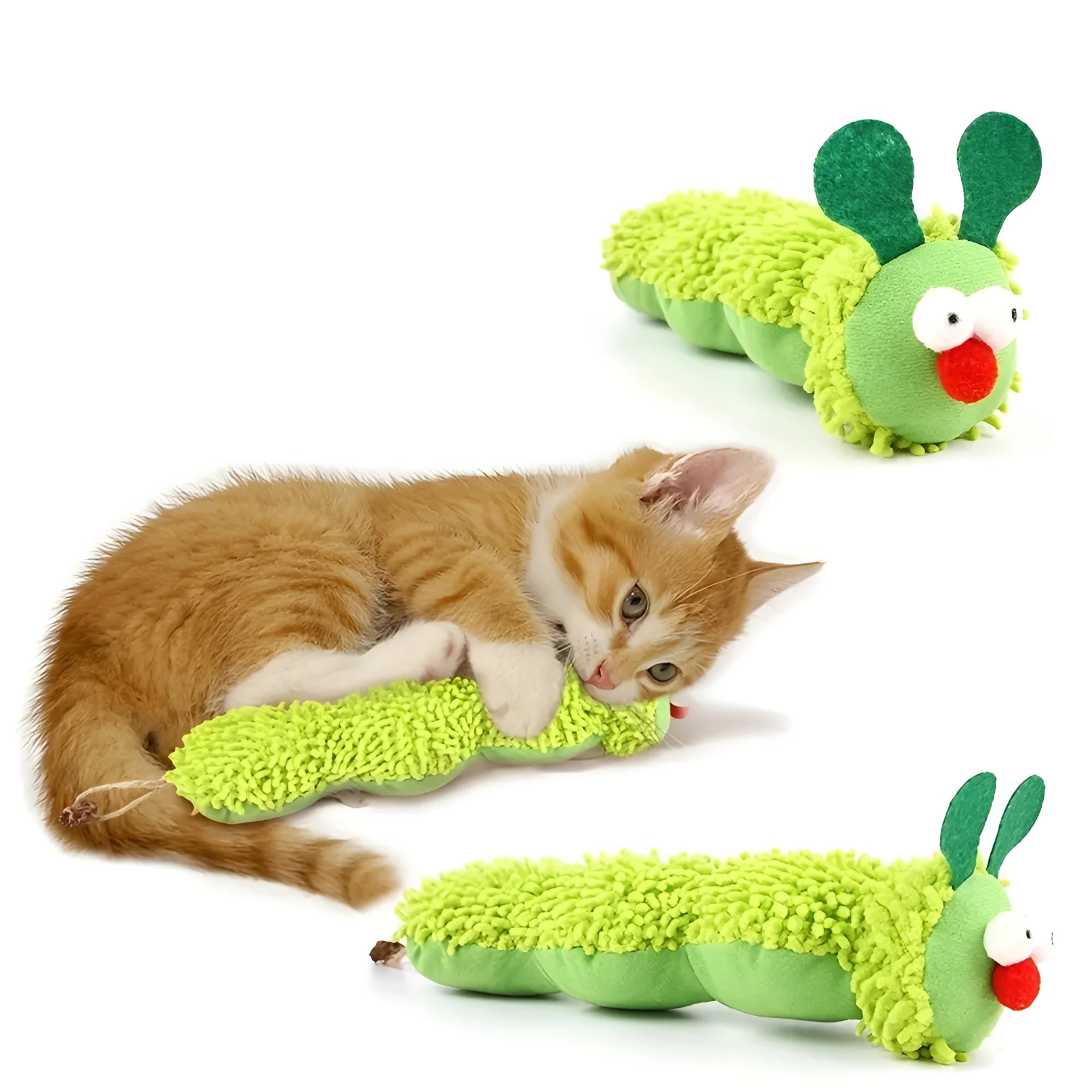 Green interactive plush cat toy pillow for manual play with cats