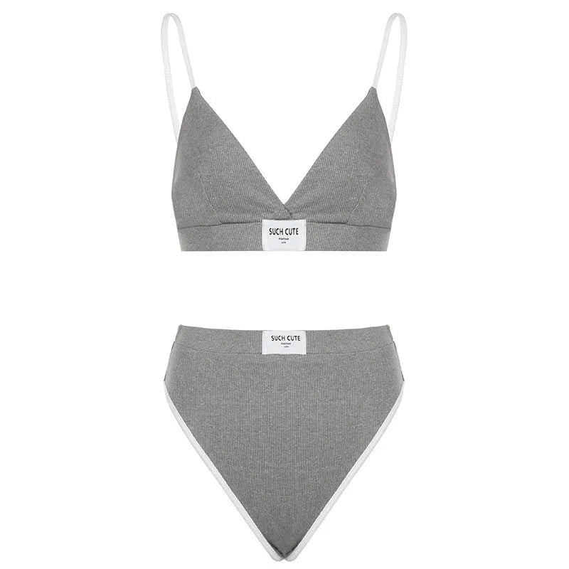Women's contrast colour embroidered bikini set with sleeveless top and shorts in black, grey or white