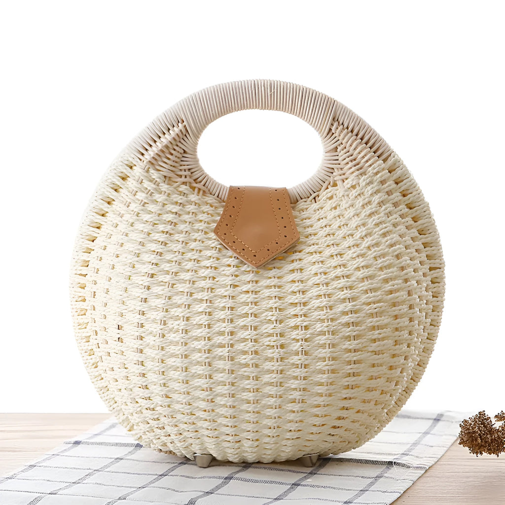 Rattan handbag in round woven straw style with hard shell and inner pocket