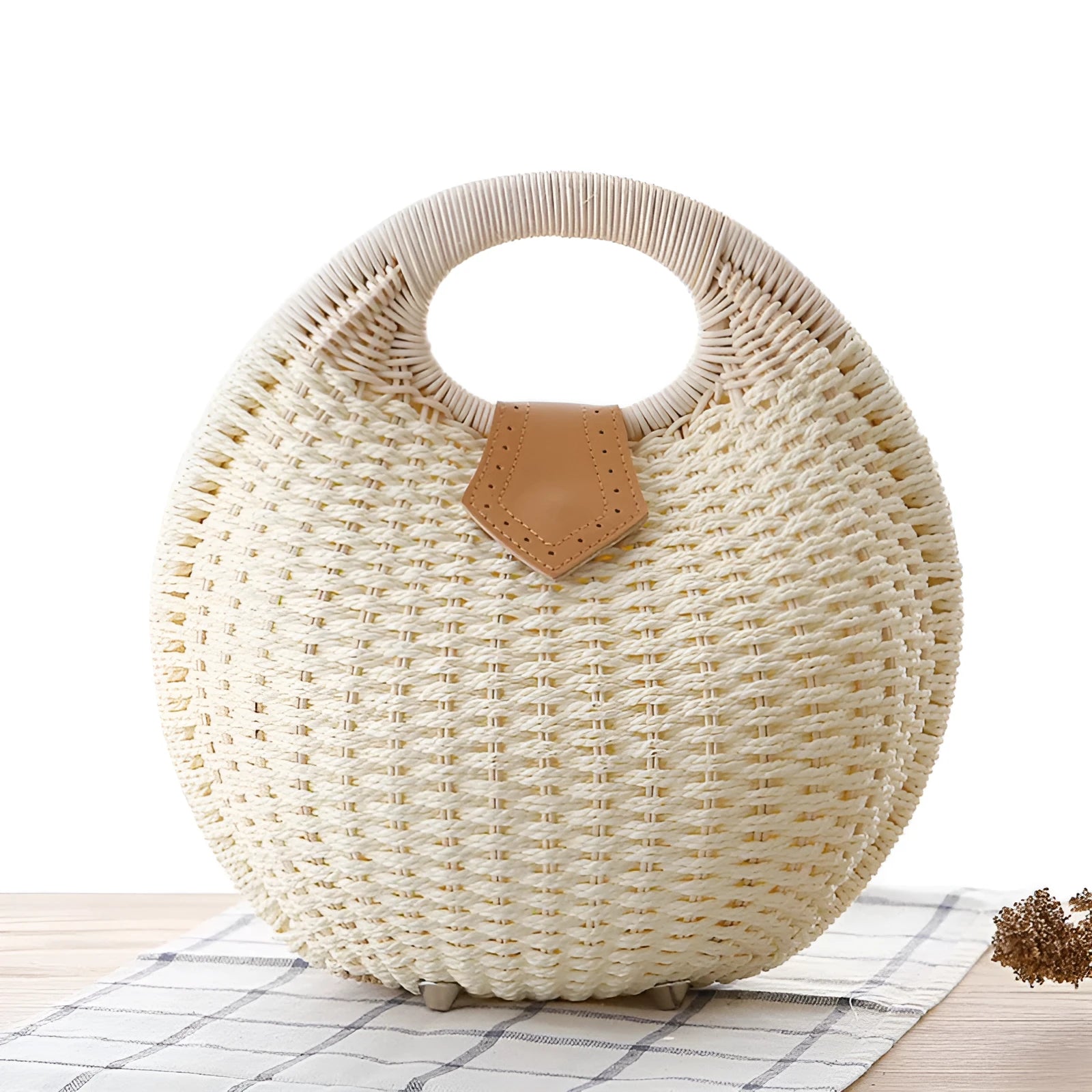 Rattan handbag in round woven straw style with hard shell and inner pocket