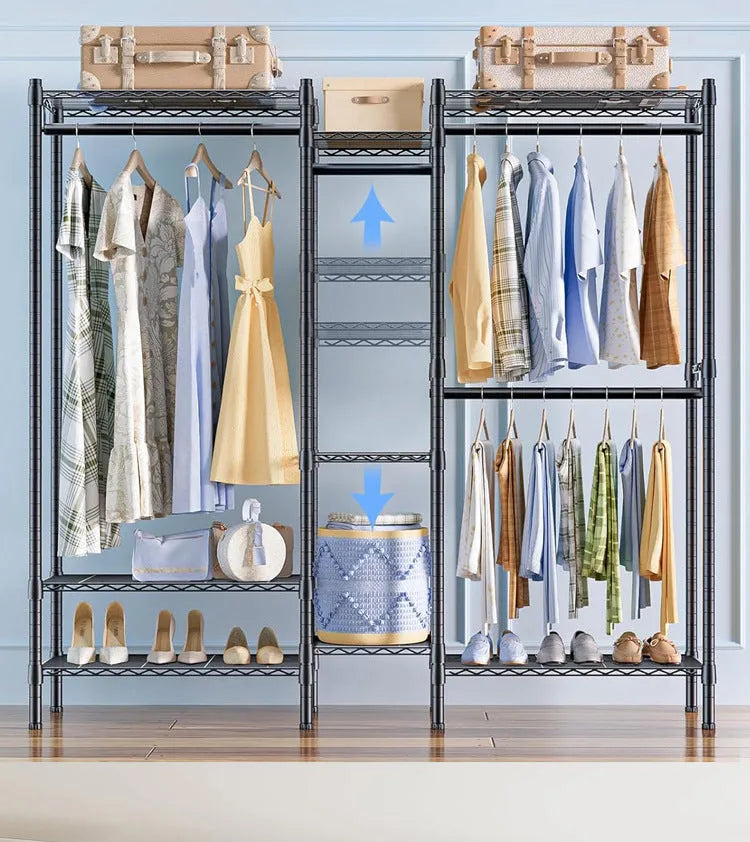 Black freestanding metal garment storage rack for hangers, trousers, and ties