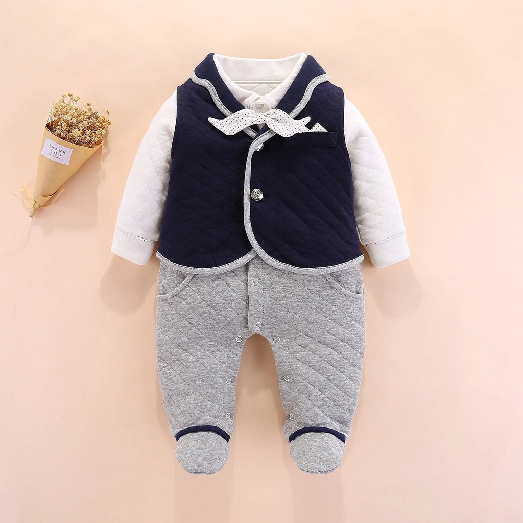 Baby boy gentleman onesie British style cotton long sleeve navy blue