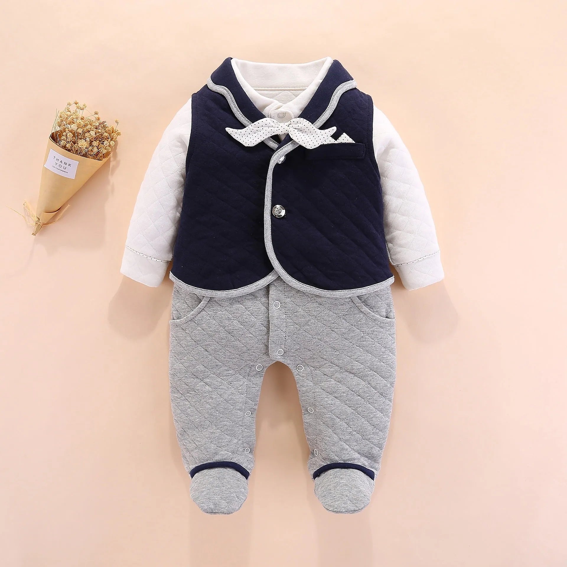 Baby boy gentleman onesie British style cotton long sleeve navy blue