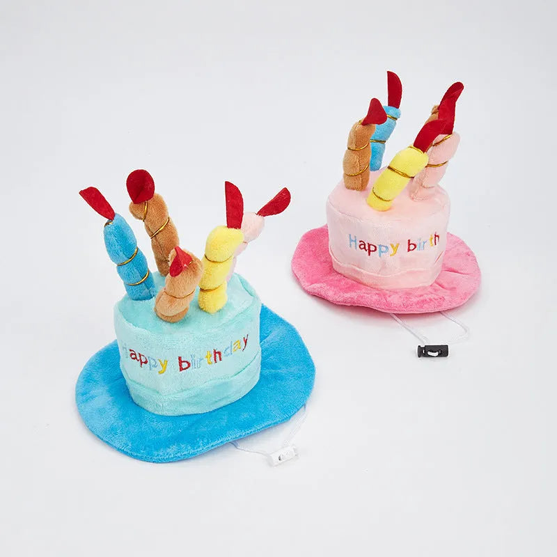 Blue and pink toy dog birthday hat measuring 21cm tall.