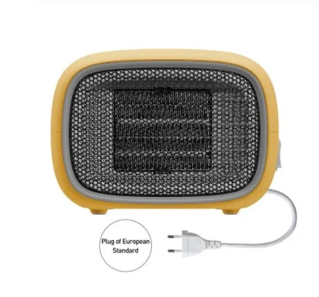 Compact green, white, or yellow mini PTC ceramic electric heater showing dimensions.