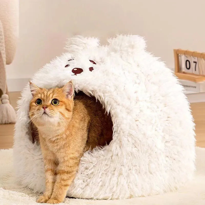 Semi-enclosed cat litter tent kennel in a yurt style with a zippered curtain and removable cushion.