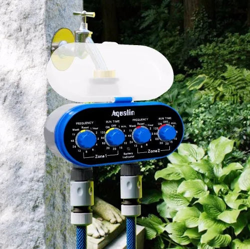 Dual timed irrigation controller with battery compartment and water connection ports
