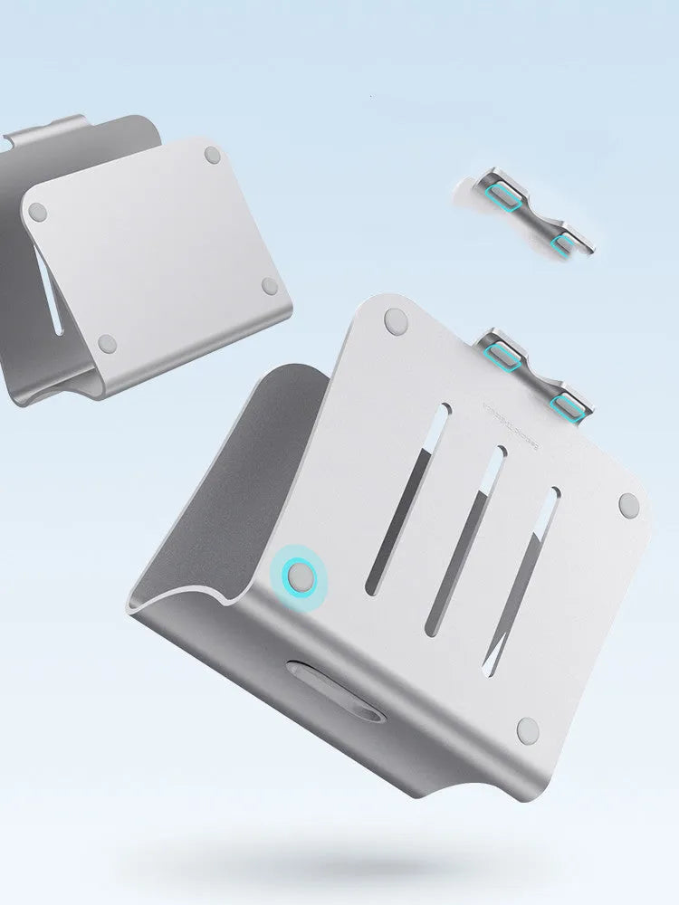 Aluminium alloy rotary cooling bracket for laptops in grey and silver colours.