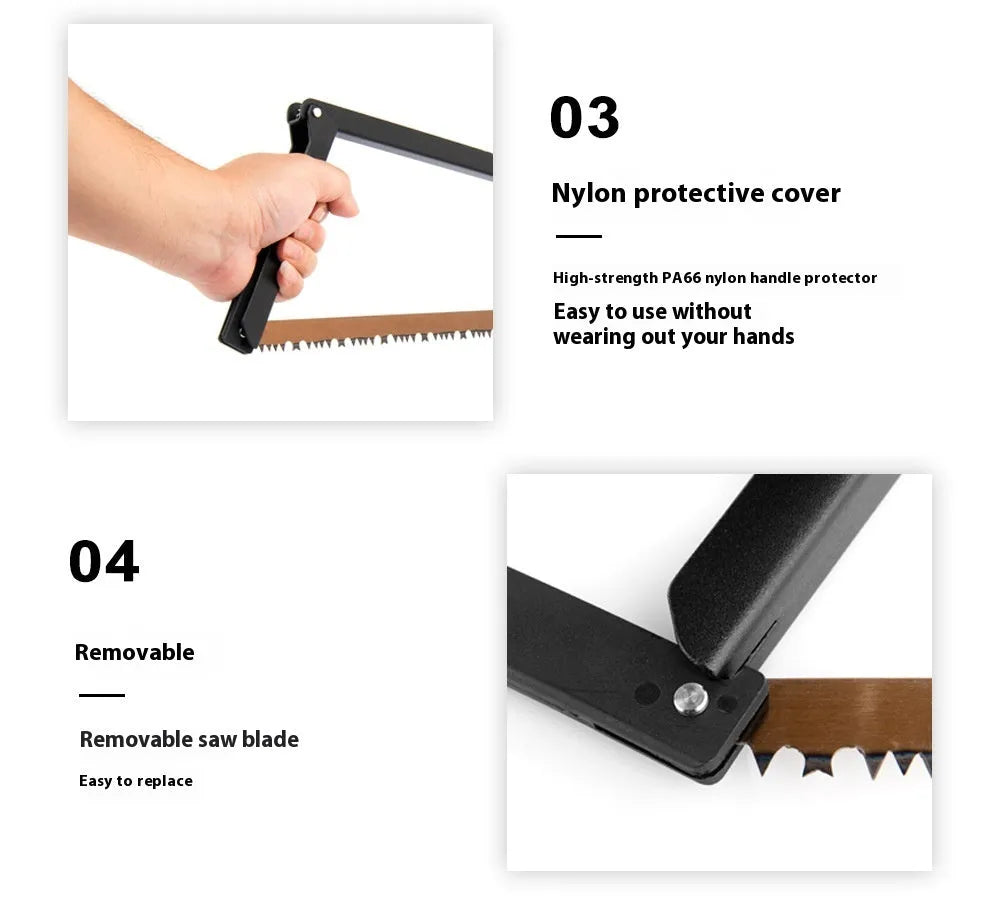 Black foldable outdoor survival saw with aluminium frame in open and closed positions.