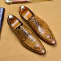 Men's black leather shoes with alligator pattern texture and horse bit buckle detail