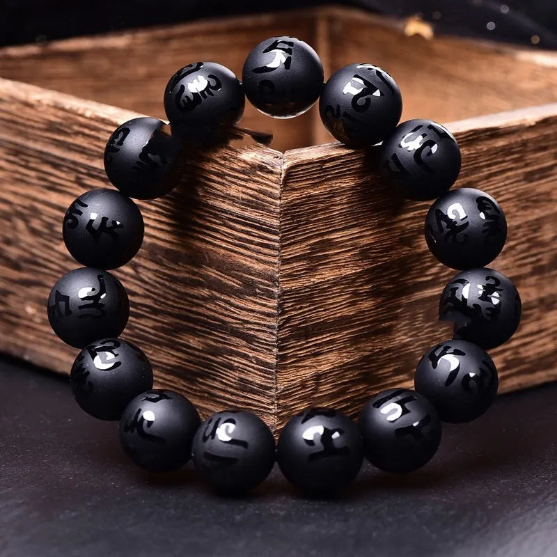 Natural frosted black agate Sanskrit mantra bracelet with Chinese style patterns in various sizes