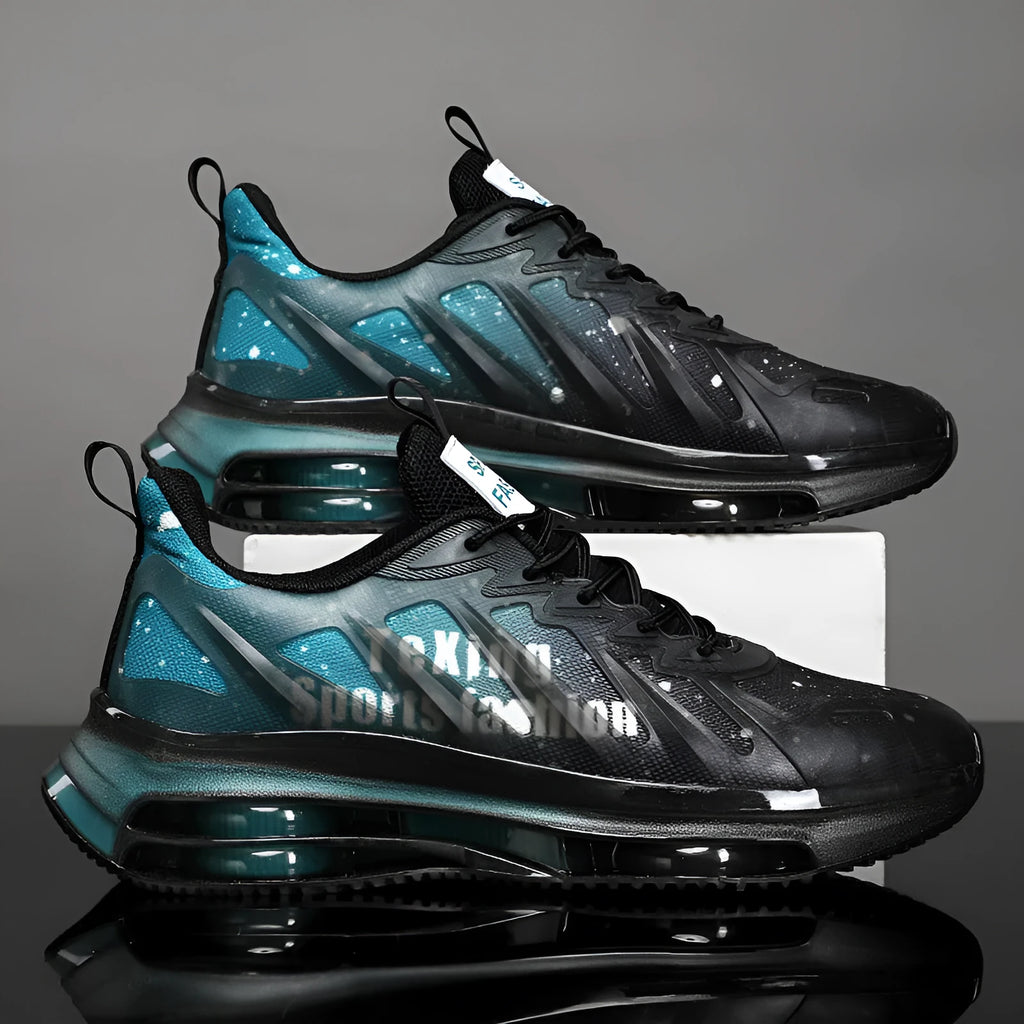 Men's black and green heightened casual shoes with a platform sole and mesh upper.