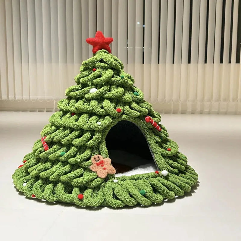 Grey handmade felt cone-shaped cat house with enclosed tent-style design