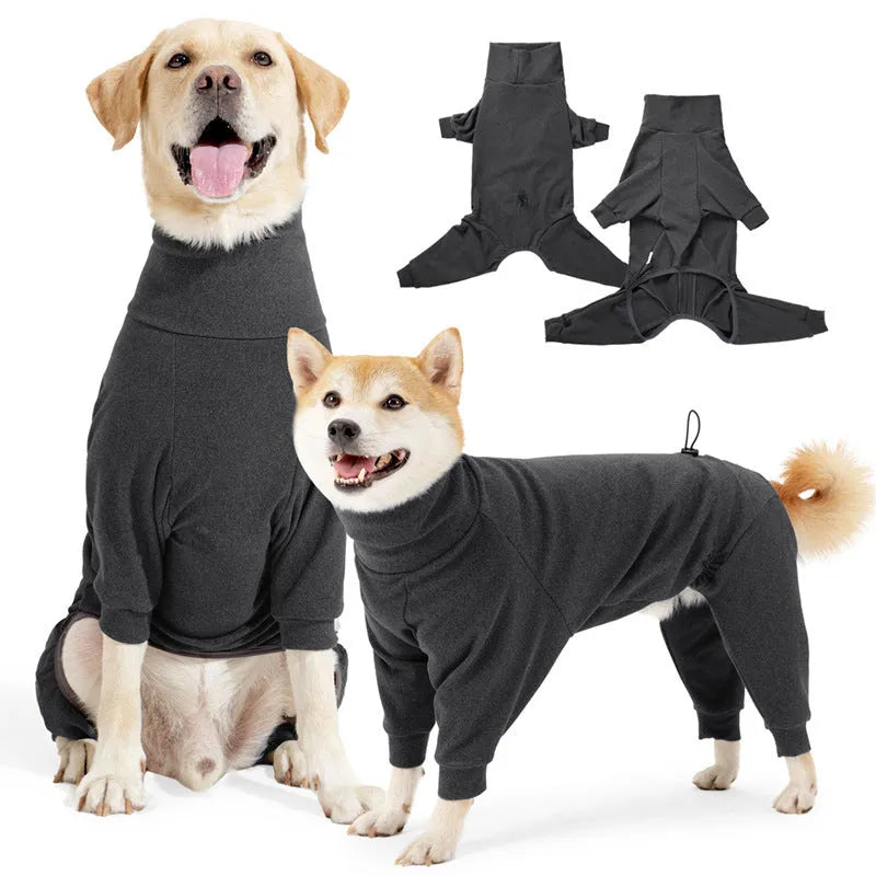 Dark grey polar fleece dog coat with high collar on a dog, showing four-legged design.