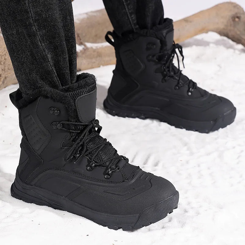 Men's black high-top lace-up boots with fleece lining, shown on a flat heel with a ribbed TPR outsole.