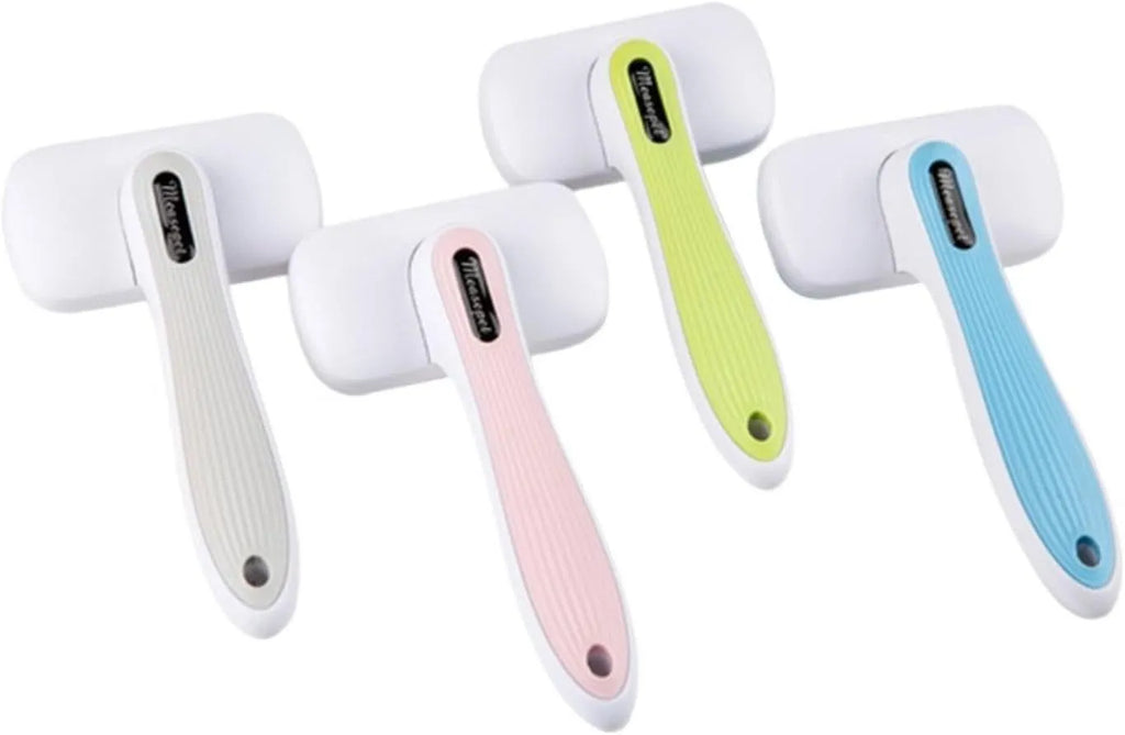 Blue automatic pet hair removal comb for dogs and cats on a white background.