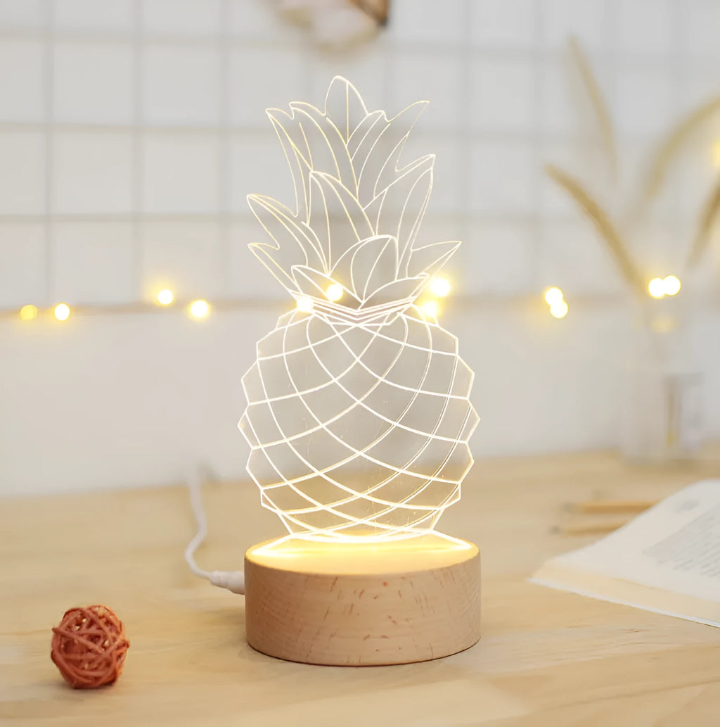 Cartoon pineapple-shaped bedside night light made from wood and acrylic with a dimmer switch.