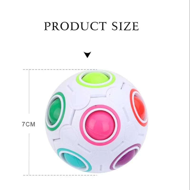 7cm diameter rainbow coloured plastic ball puzzle with visible internal coloured balls.