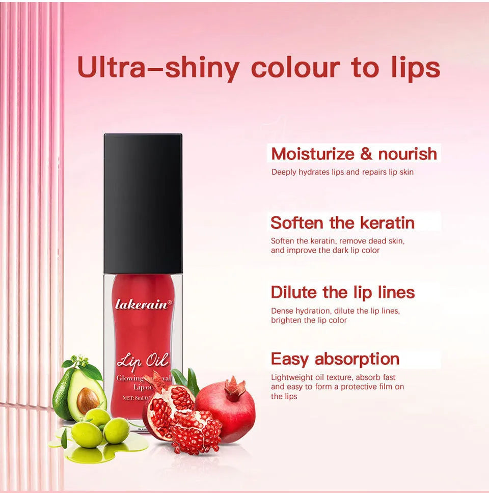 Glow Lip Gloss tube in 8ml size showing one of seven colours: Coral, Clear, Honey, Jam, Pink, Red, or Rose.