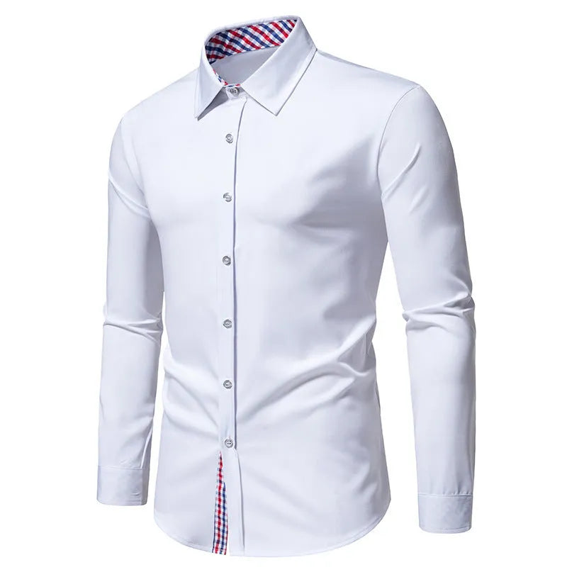 Men's loose fit plaid long-sleeved casual shirt in cardigan style on a hanger.