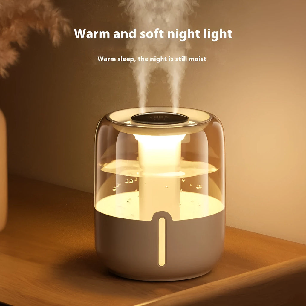 Beige round USB humidifier with display showing humidity level and dual spray outputs