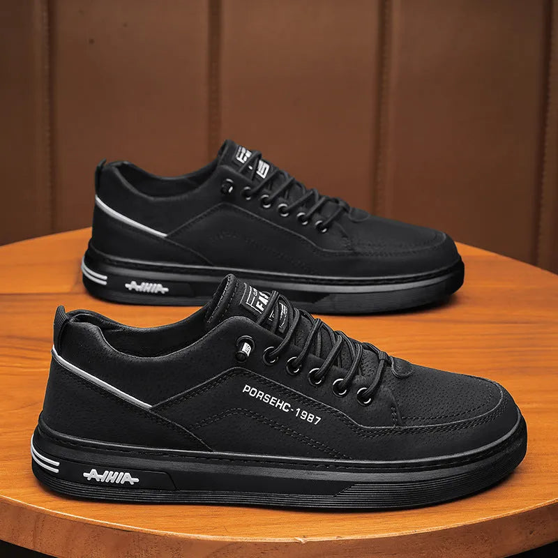 Men's khaki low-top casual work shoes with a round toe and non-slip rubber sole.