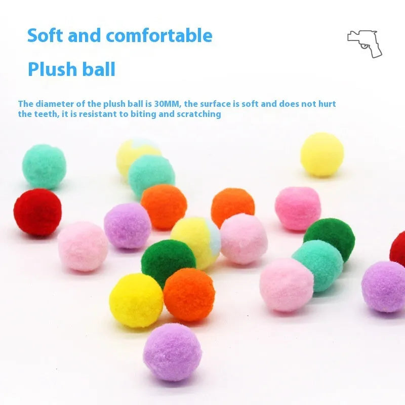 Plush pet toy ball shooter gun with multiple 3cm yarn balls for interactive cat and dog play