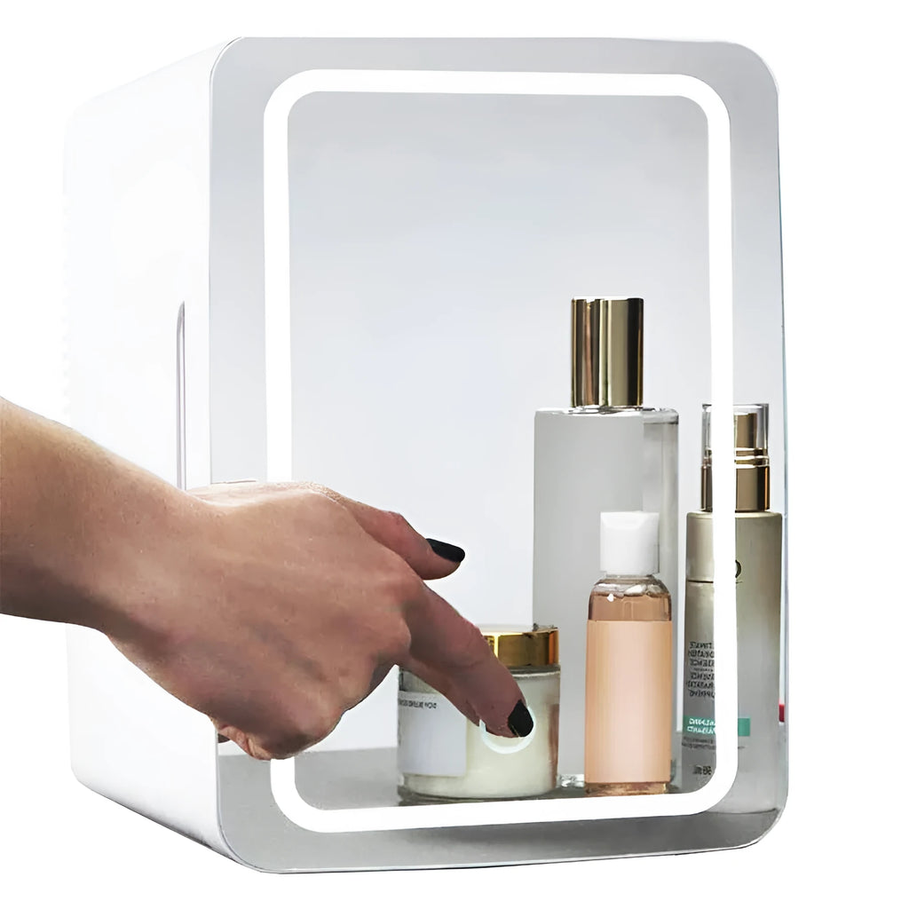 White mini cosmetic refrigerator with cooling and warming functions from 22 to 65 degrees Celsius