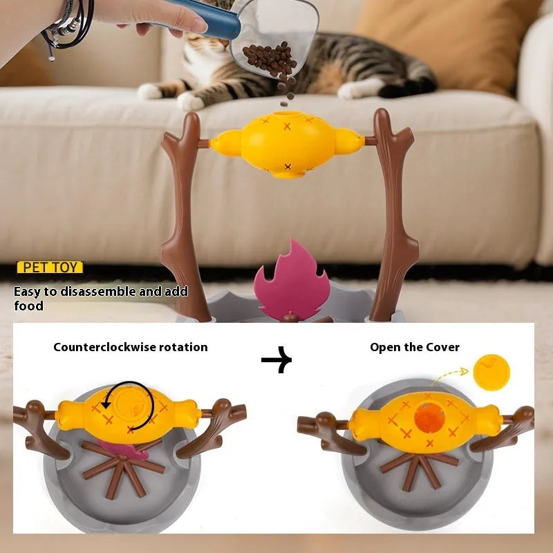 Barbecue-style tumbling cat feeder toy with food compartment, measuring 30x30x29cm.